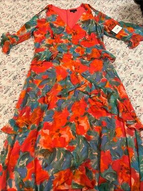 Tahari ASL Coral Multi Floral Long Sleeve Ruffle Maxi Dress